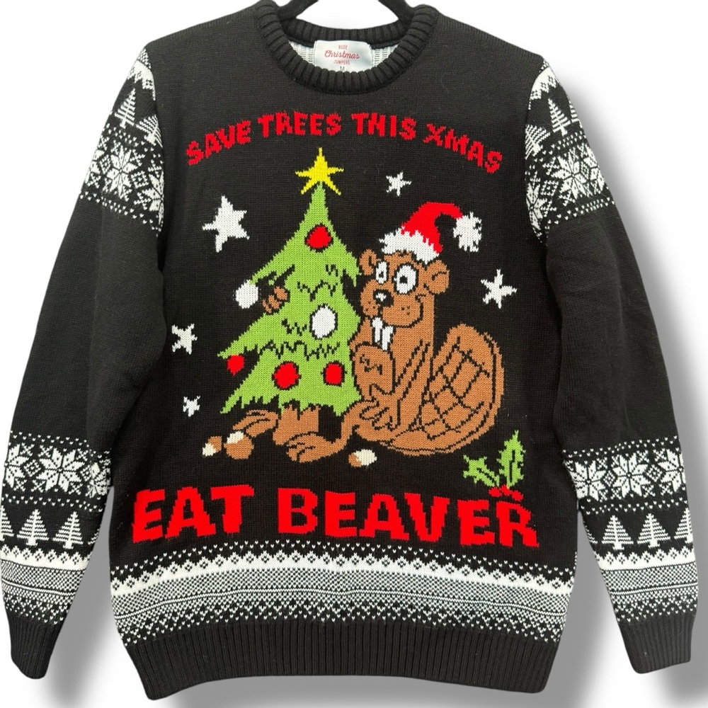Unisex Funny Holiday Sweater Medium Knit 🧶 Christmas Sweater Tree and Beaver